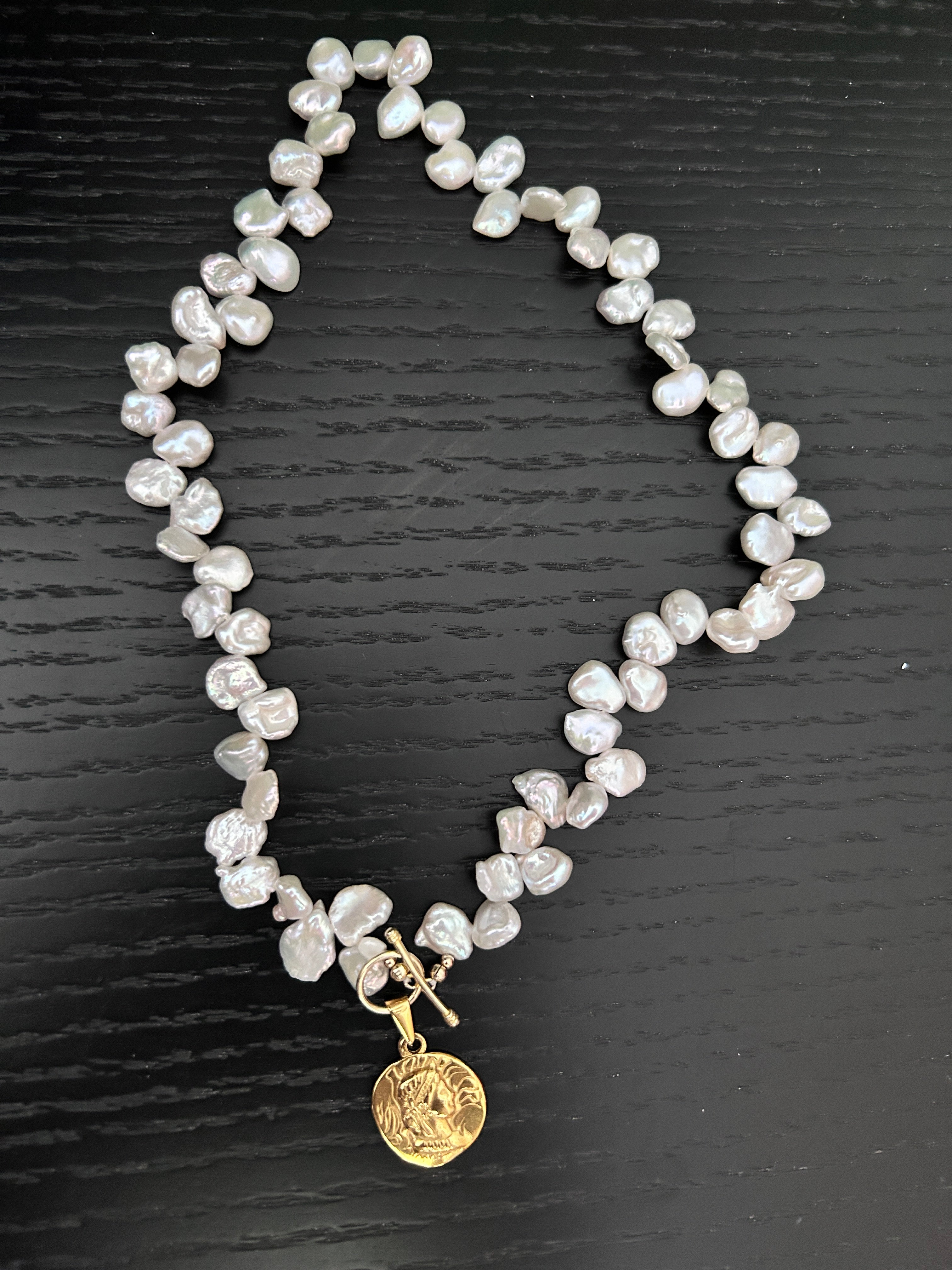 Gold Coin With Baby Baroque Pearls Flower Necklace