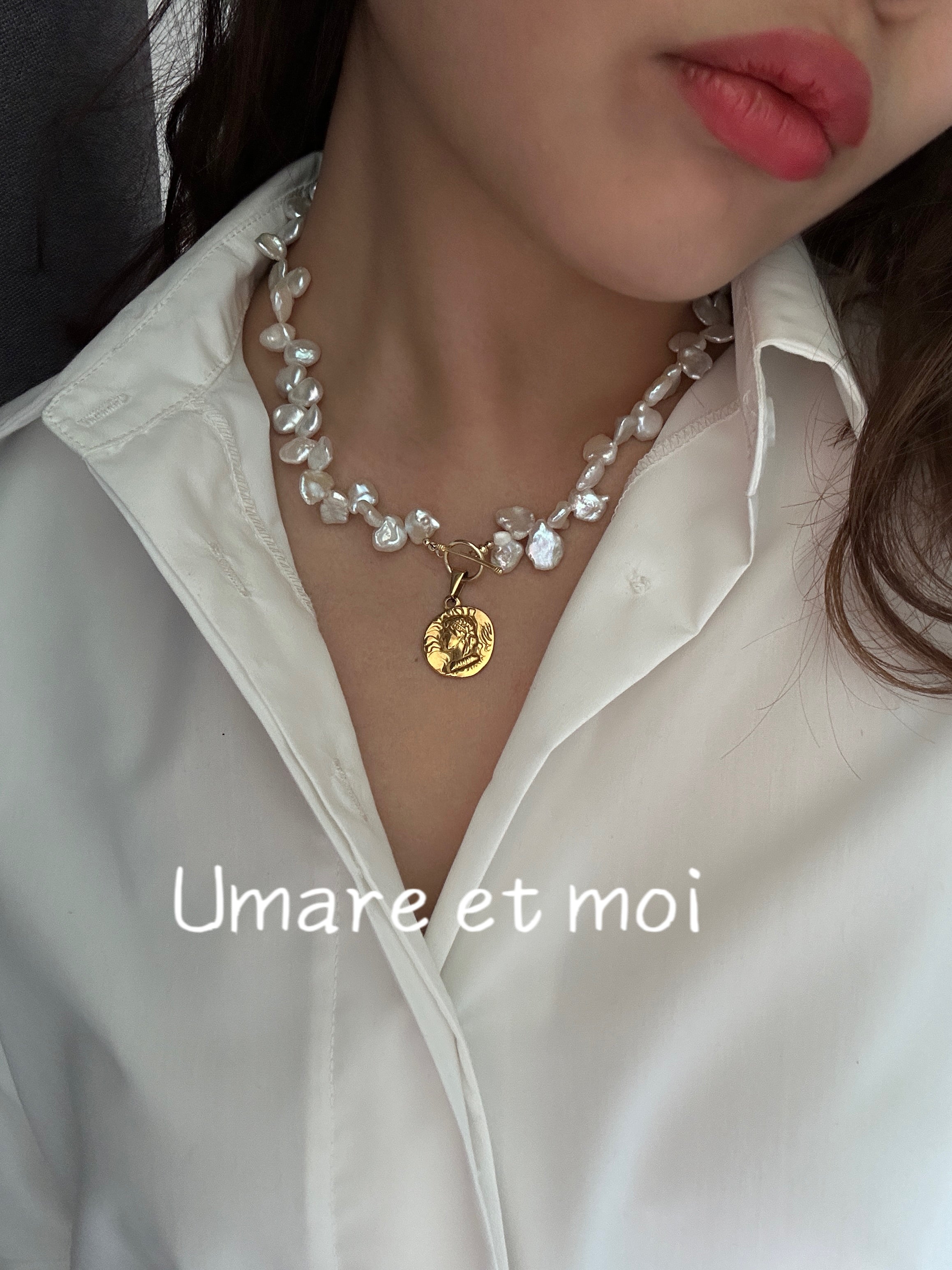 Gold Coin With Baby Baroque Pearls Flower Necklace